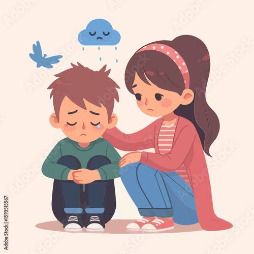 charming flat-design illustration of a girl comforting a crying boy is perfect for blogs or websites about childhood emotions, support, or empathy