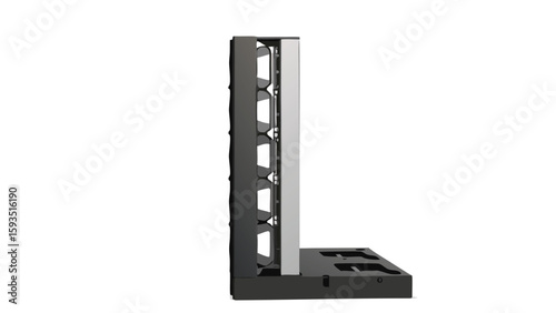 Angled view of a black and silver server rack with visible internal structure on a white background