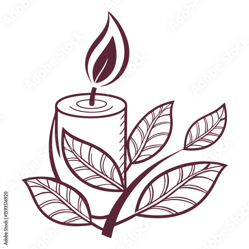 Burning Candle with Natural Leaves Outline Vector Illustration