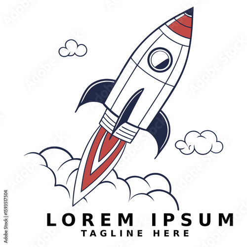 Vintage Rocket Launching into Space with Clouds and Text