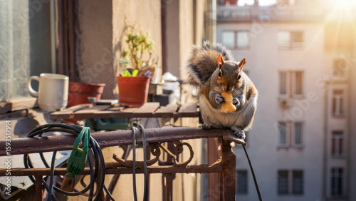 Squirrel on balcony, urban wildlife, city animal behavior, morning light, residential building, biodiversity in city, adaptive nature, wild animal in urban space, coexistence with nature