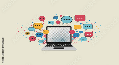 Laptop surrounded by speech bubbles, an illustration of communication online