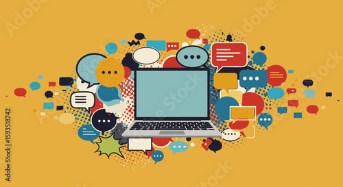 Digital Communication and Social Media with Colorful Speech Bubbles Surrounding Laptop