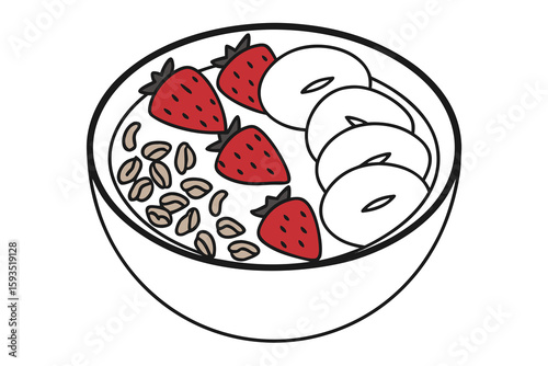 Top view of breakfast bowl with strawberries and banana slices