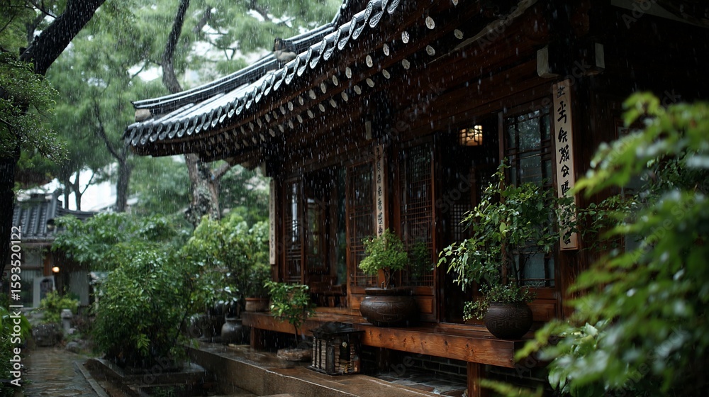 Korean traditional house in rain Korean traditional house in rain