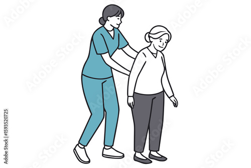 Caregiver helping elderly woman walk senior