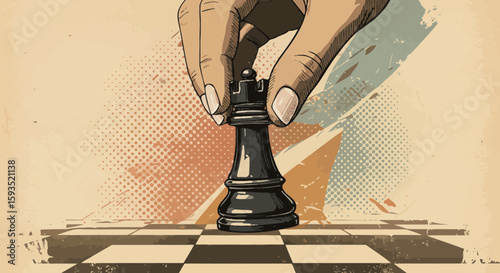 Retro strategic chess move illustration showcasing business vision and planning