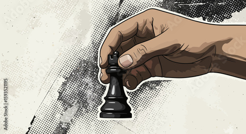 A strategic move: hand holding a chess queen piece in a comic book style art