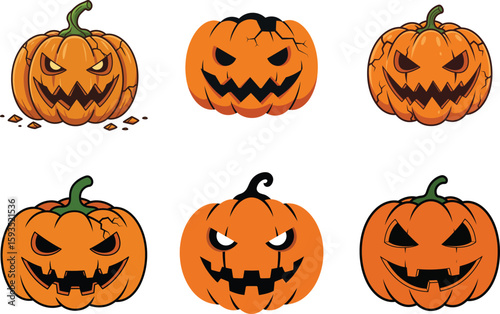 Six Icon Set cartoon Halloween pumpkins with carved faces and various expressions, arranged in two rows.