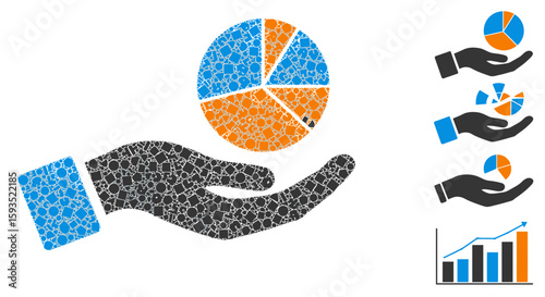 Stylized hand presenting a pie chart symbolizing data visualization and statistics