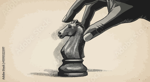 Strategic Move: Hand Positioning a Chess Knight Piece with Vintage Aesthetic Style