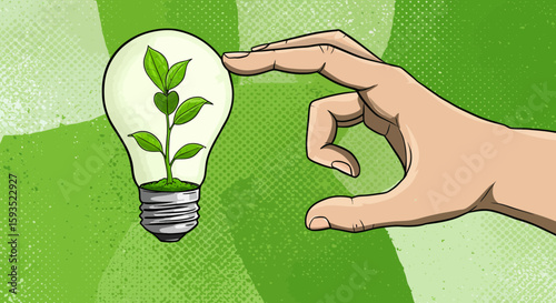Illustration of lightbulb with plant inside symbolizing green energy and sustainability
