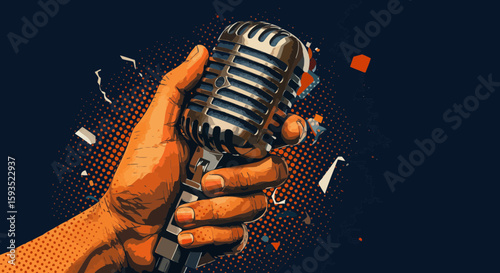 Vintage Microphone in Hand with Colorful Abstract Background Illustration