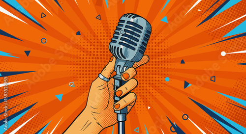 Pop art style illustration of a hand holding a vintage microphone with burst background
