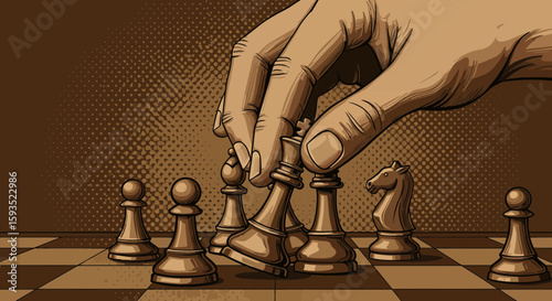 Strategic Chess Move: Hand Placing King on Chessboard in Toned Illustration