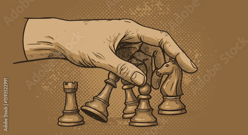 The art of strategic moves: Hand holding chess pieces in vintage style