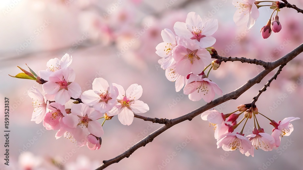 Delicate pink cherry blossoms bloom on a dark branch with a soft blurred background Delicate pink cherry blossoms bloom on a dark branch with a soft blurred background