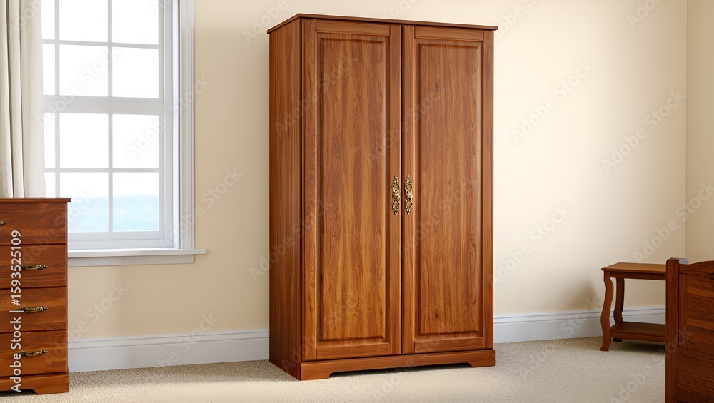 Fototapeta premium Elegant wooden wardrobe with closed doors stands in a neutral bedroom setting, lit by window light.