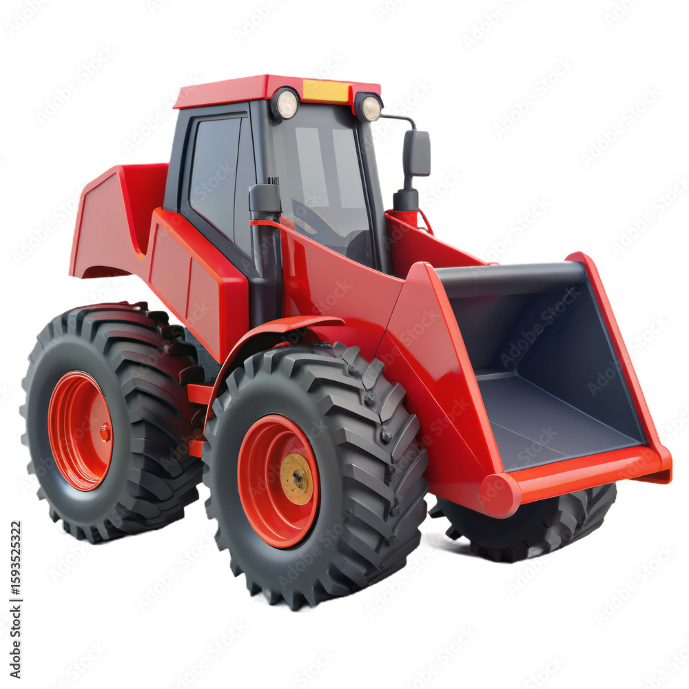 Obraz premium Red Loader Tractor with Scooping Bucket, Rugged Tires