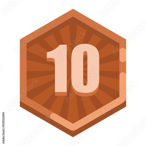 Bronze badge with number 10 inside a hexagon. Ideal for early-game achievements, beginner rewards, or first milestones.
