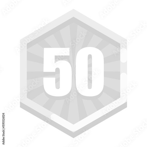 silver badge with the number 50 in a hexagon. Represents mid-level achievements, milestones, or half-way progress in a game.