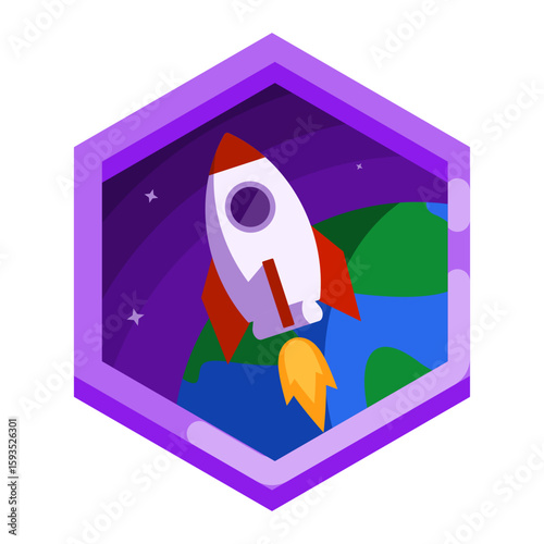 Rocket icon inside a purple hexagonal badge. Great for representing progress, fast level-up, or launch missions in games.