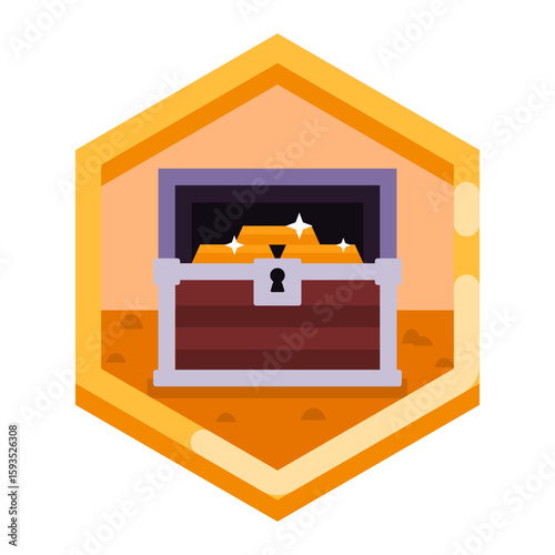 Vector badge featuring a treasure chest inside an orange hexagon. Designed for game achievement systems, representing loot, rewards, or special bonuses.