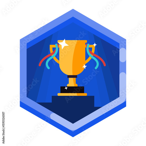 Golden trophy inside a blue hexagonal badge. Perfect for representing victory, rank-up, or high achievement in a game.