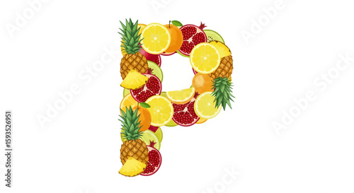 Vector letter p fruit alphabet design with pineapple orange lemon and pomegranate for healthy eating concept