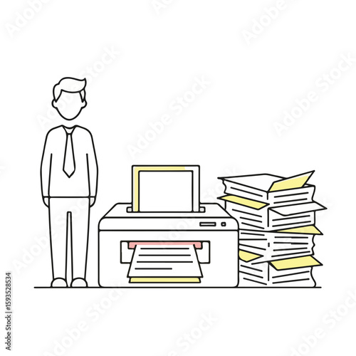 Businessman standing next to printer with printed documents and papers  