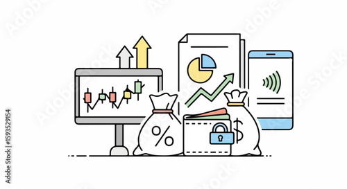 Financial growth concept with charts, money bags, and smartphone  