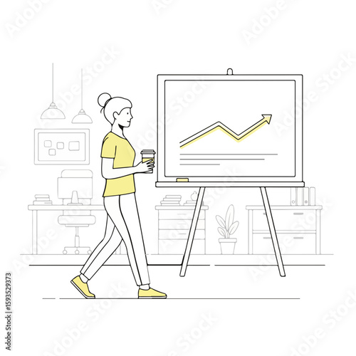 Young woman walking with coffee while presenting business chart in office  
