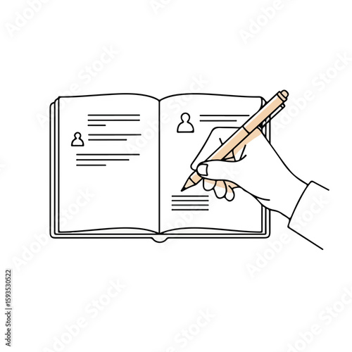 Hand writing notes in an open notebook with pencil  