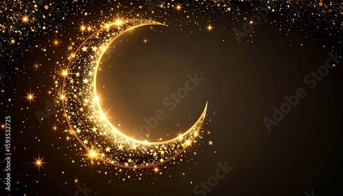 Golden crescent moon, sparkling with tiny gold stars, against a dark, starry background