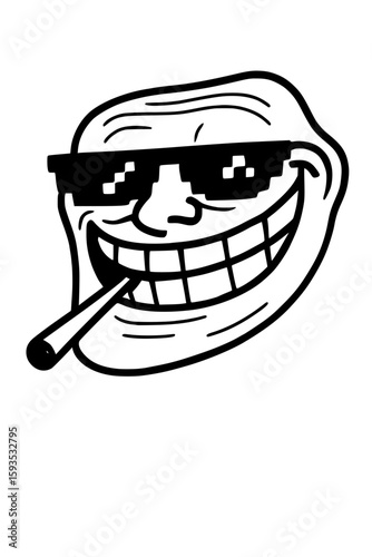 Cartoon Character with Pixelated Sunglasses and Wide Grin Holding Rolled Item
