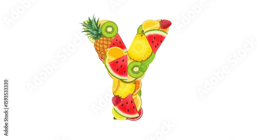 Vector letter y fruit salad design with watermelon pineapple kiwi lemon and orange healthy eating concept art