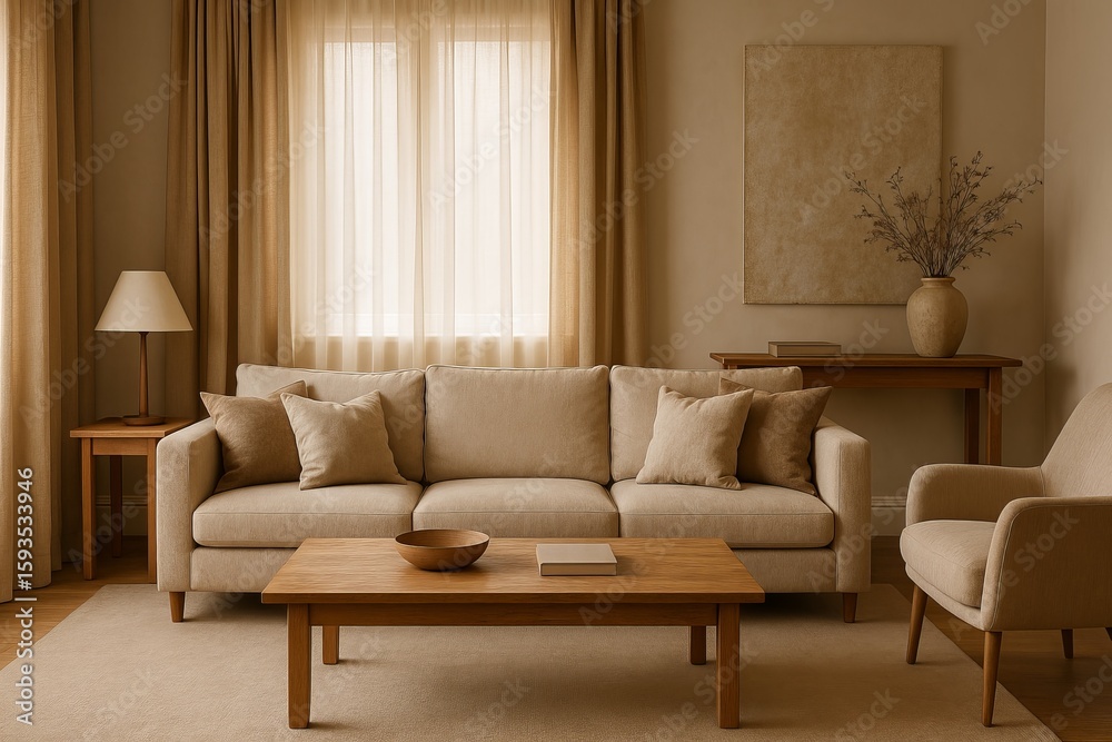 Fototapeta premium Realistic Interior Scene of Cozy Living Room in Soft Neutral Tones