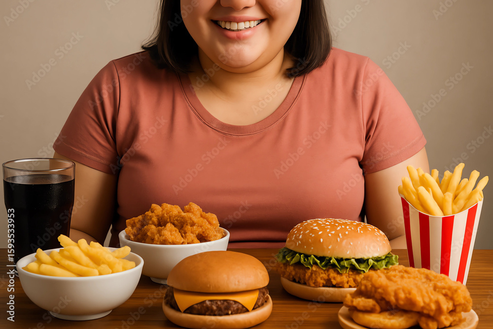 happy woman with lots of fast food on the table happy woman with lots of fast food on the table