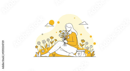 Woman sitting in a field of flowers, holding a bouquet and enjoying the scent, with a jar nearby.