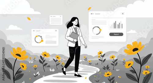 A woman in business attire walks on a path through a field of yellow flowers, surrounded by floating data visualizations and a grayscale landscape.