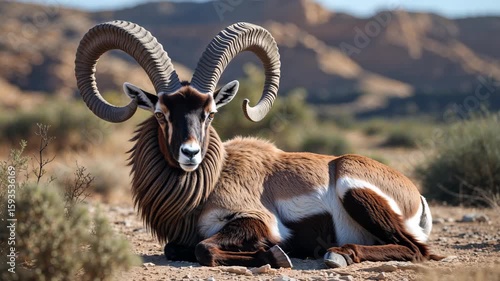 Majestic Male Ibex with Impressive Spiral Horns Lounging in the Sunlight of Israel's Negev Nature Reserve