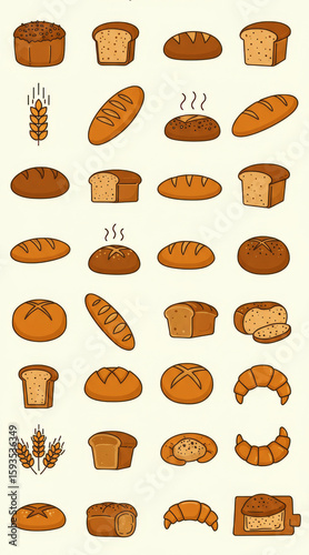 Icon set of a different breads. Illustration of different salad and sweetie breads