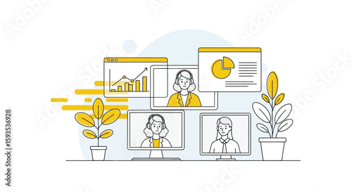 Illustration of a virtual meeting with four participants on computer screens, accompanied by charts, graphs, and potted plants.