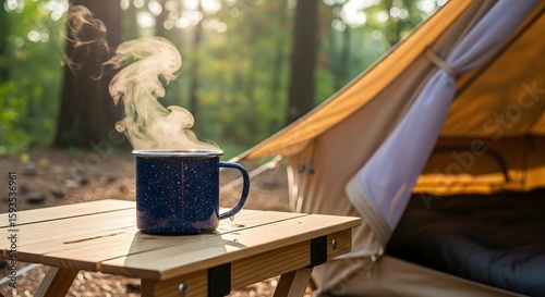 Fototapeta Naklejka Na Ścianę i Meble -  Steaming mug on wooden table next to camping tent at sunrise, perfect for outdoor relaxation