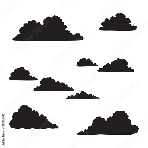 Collection of dark cloud shapes silhouette isolated on white background