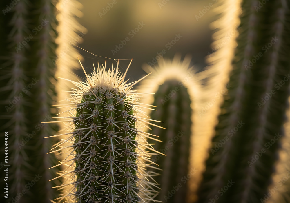 Obraz premium Close-up of cacti with sharp spines illuminated by soft sunlight, creating a warm and natural atmosphere.
