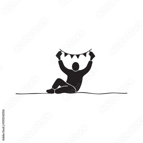 Person holding decorative flags silhouette isolated on white background