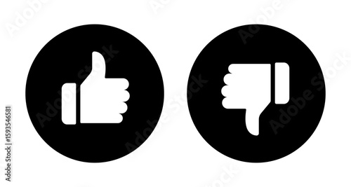 Like, dislike, thumbs up, thumbs down icon set in black and white color for social media feedback, vector illustration.