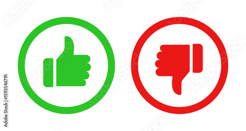 Like, dislike, thumbs up, thumbs down icon set in red and green color in line circle for feedback, vector illustration.