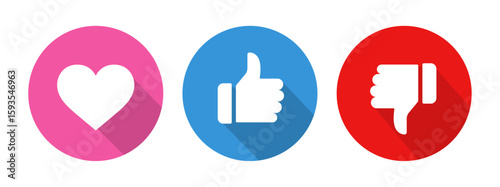 Like, dislike, thumbs up, thumbs down, heart social media feedback icons in red, blue and pink color shadow style, vector illustration.